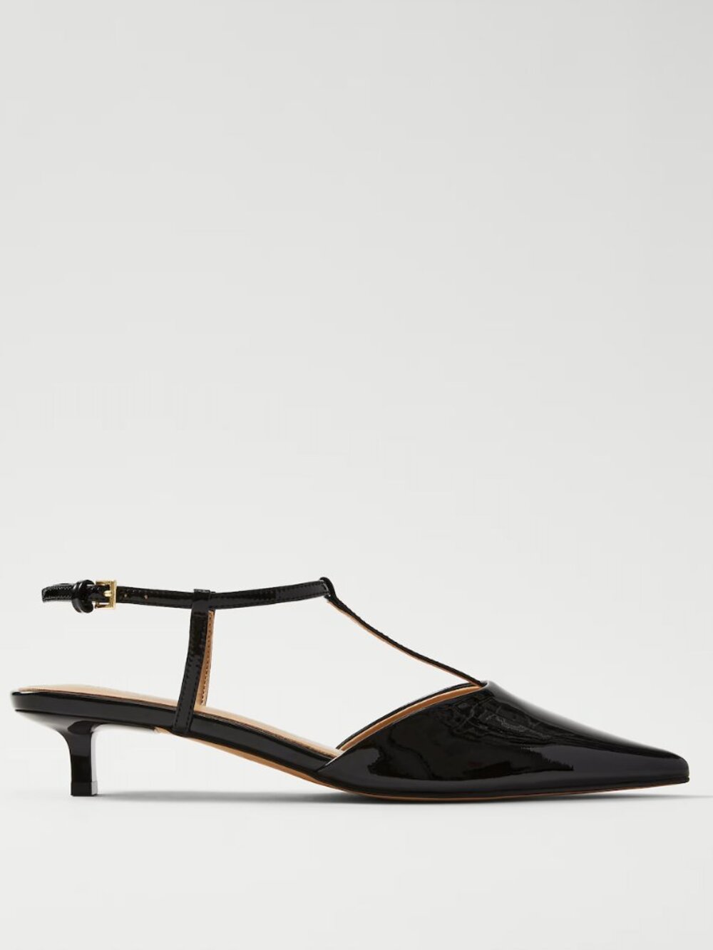 Ann Taylor Patent leather T-strap kitten heel pointy-toe heels, size 8, black